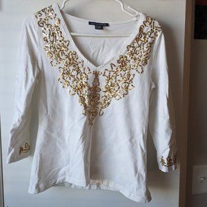 Boston Proper Gold Sequin Blouse Top Shirt Size Medium